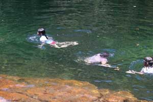 Swimming below the falls