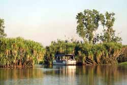Cruise boat passing pandanus, photo P Benjafield